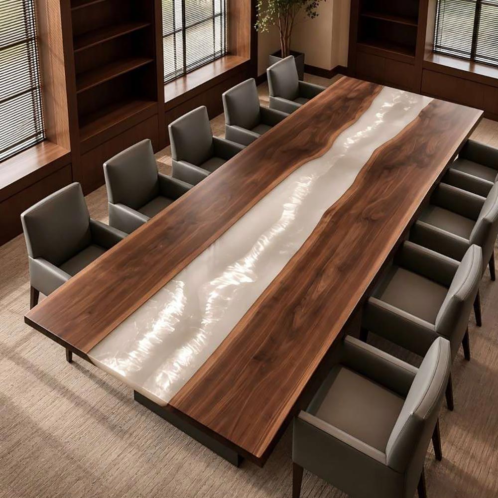 Large walnut and white epoxy conference table for corporate meeting and leadership spaces