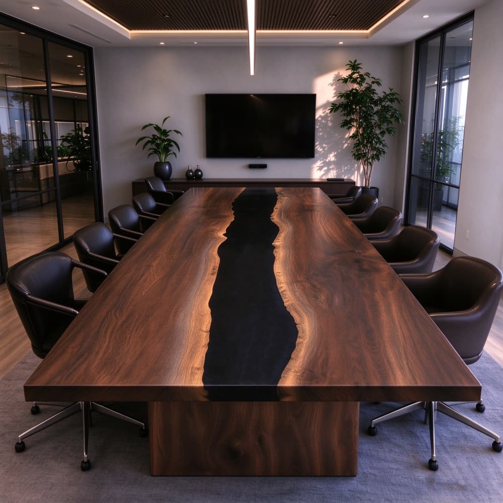 Sleek opaque black resin and live edge walnut table in a luxury law firm conference room designed for client negotiations.