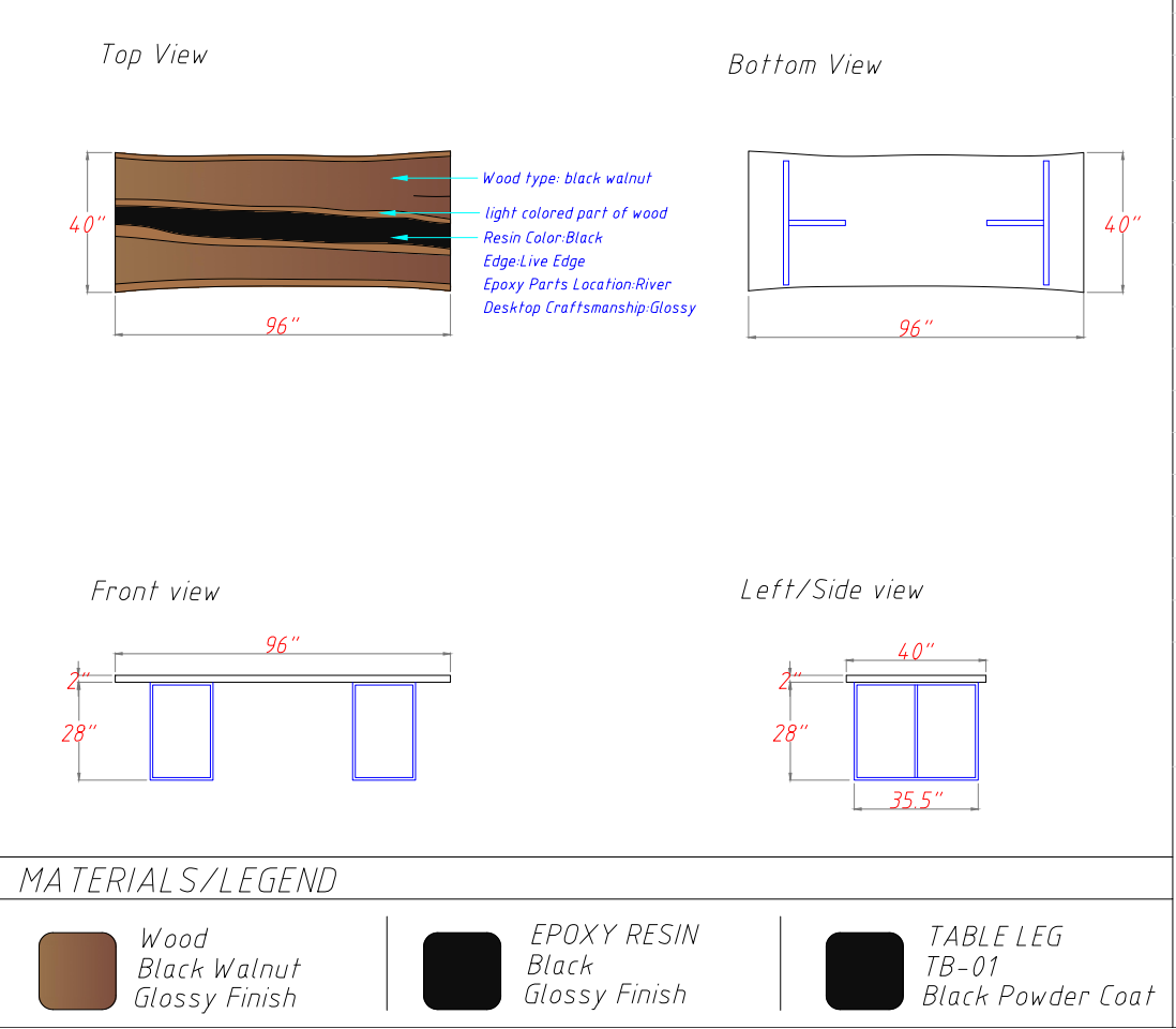 Luxcraftwood Custom Order Link for Hayden | 96" × 40" Black Walnut Conference Table with Glossy Finish & Beveled Edge