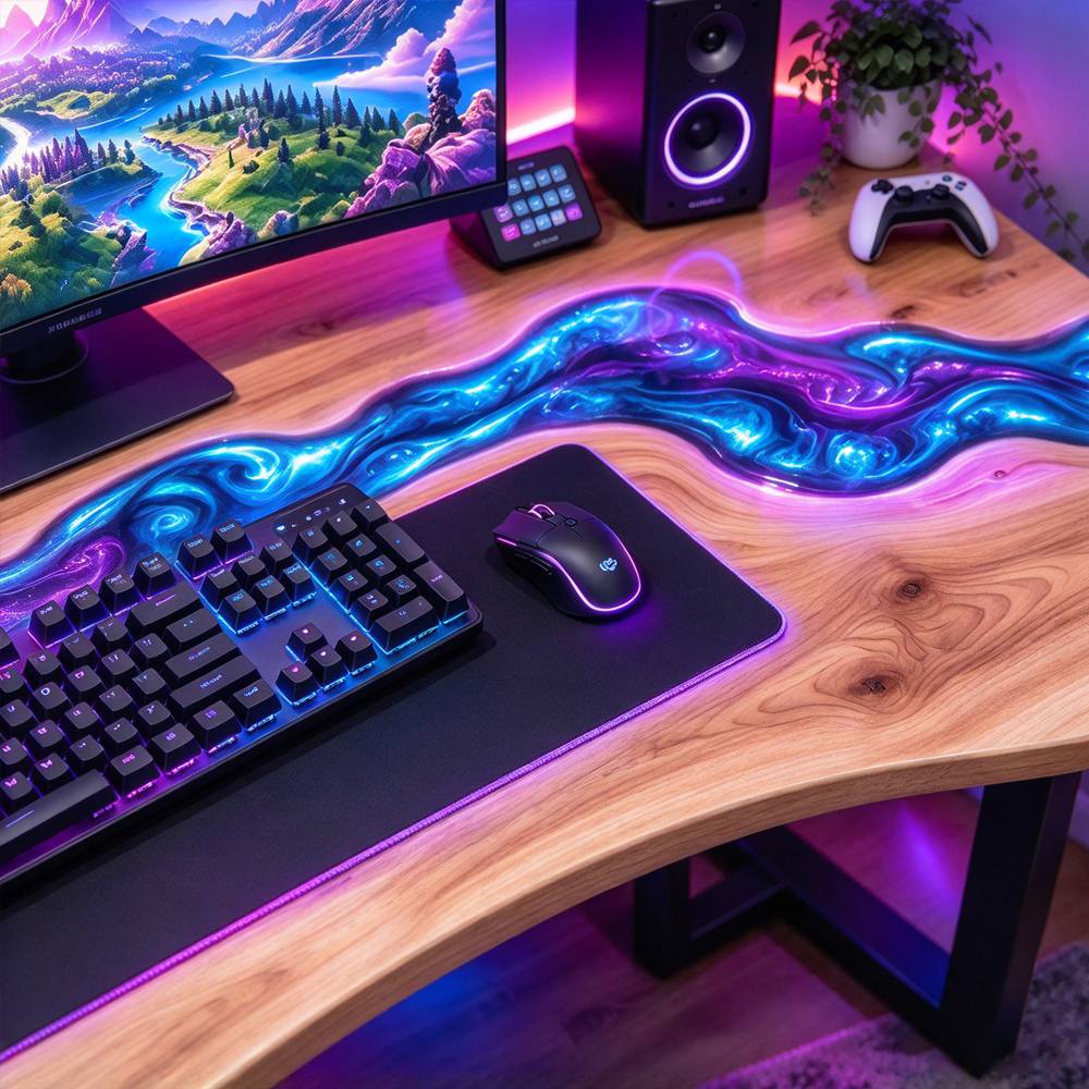 Purple and blue resin gaming desk illuminated by colorful LED lighting, highlighting the vibrant epoxy river and flowing patterns.