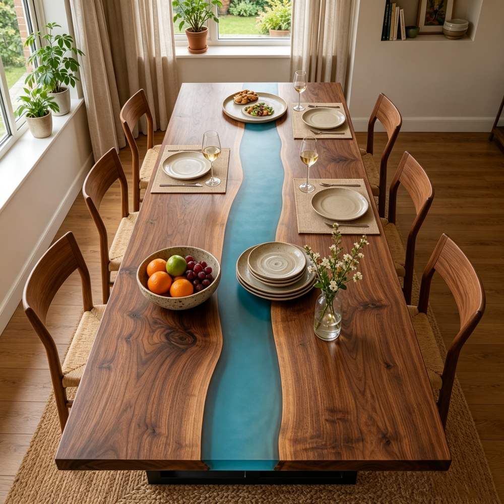 Light blue resin black walnut dining table for eight with a long rectangular top and comfortable open-base seating