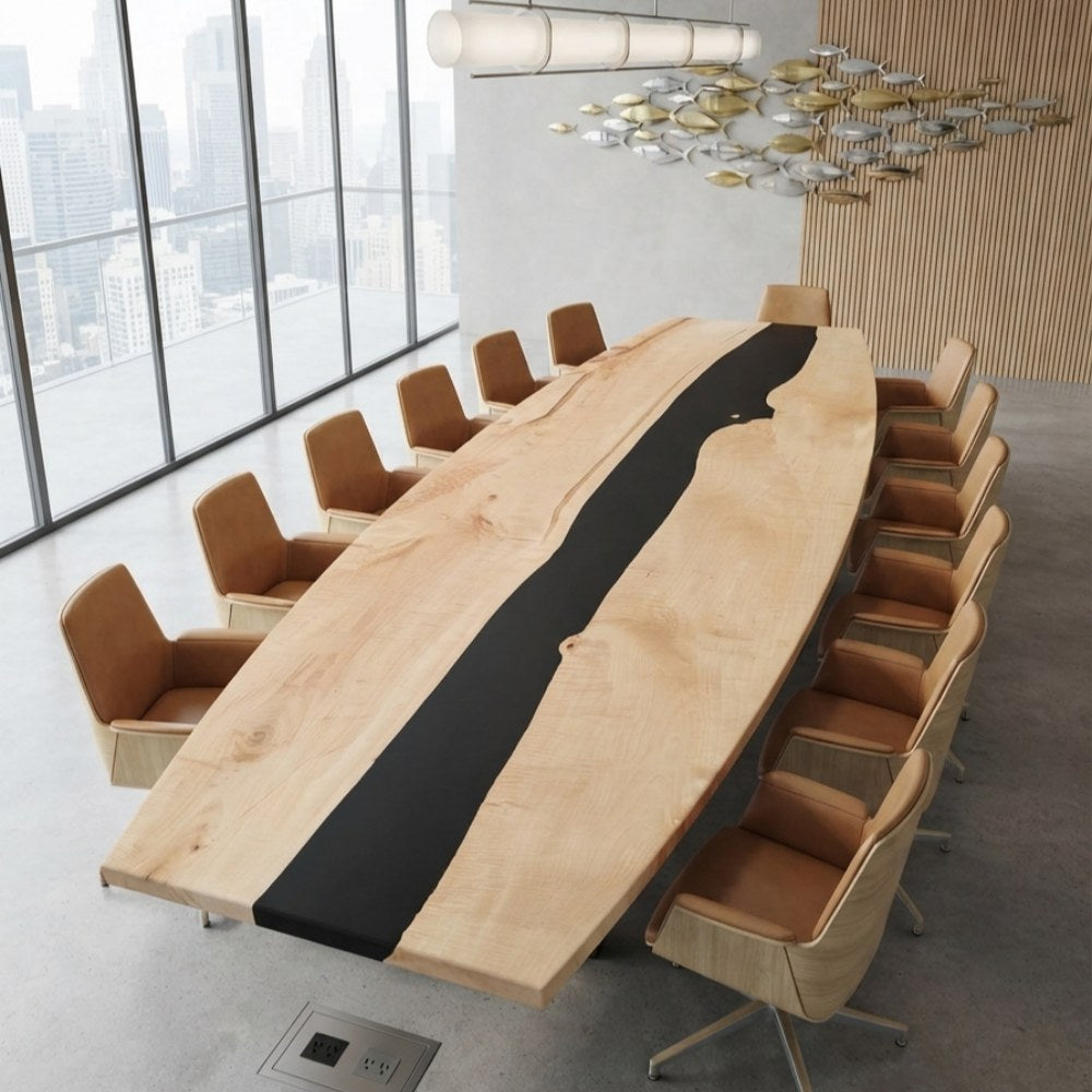 Modern maple epoxy table with a long black resin centerline and power-ready layout for conference room technology