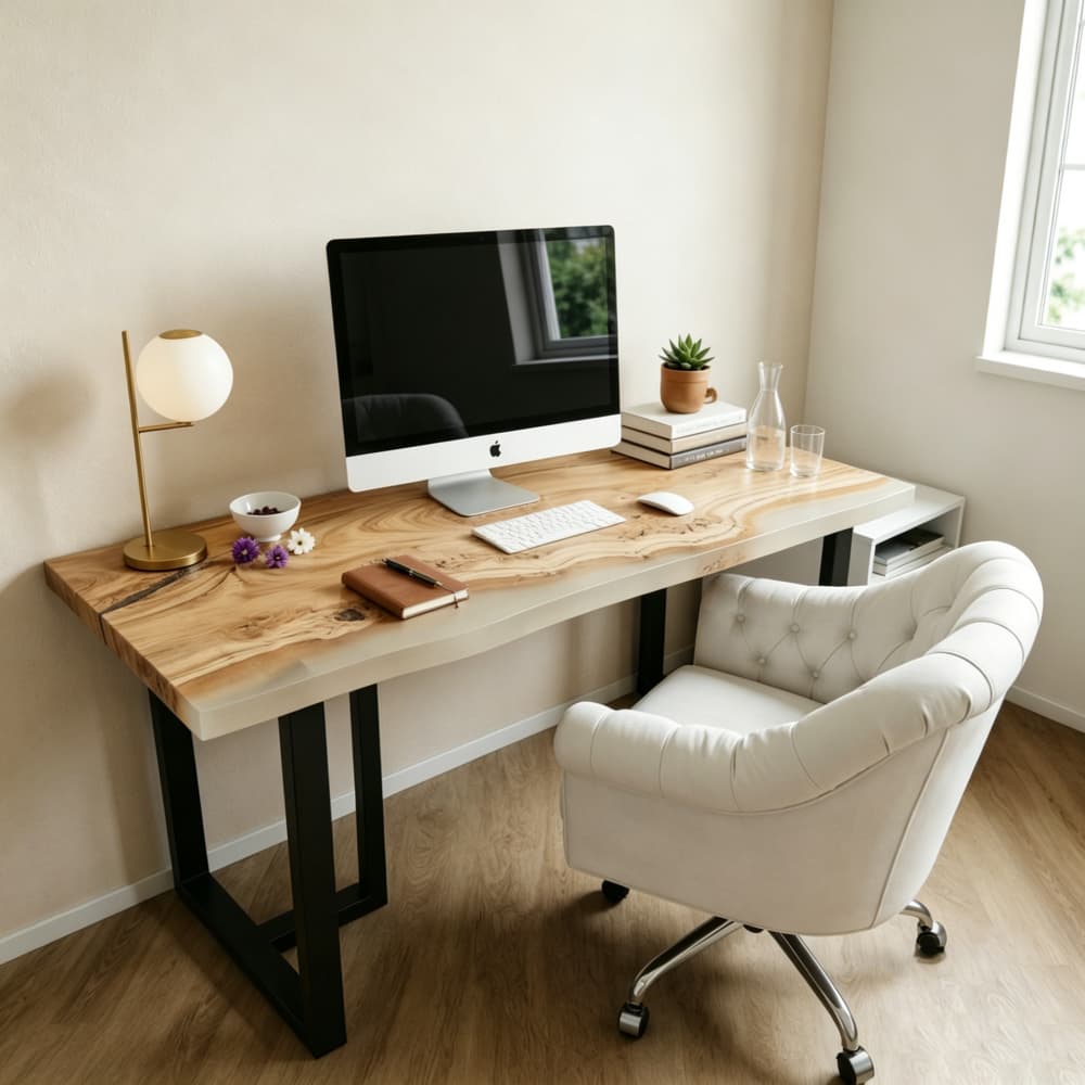 Light-toned poplar wood workspace with elegant matte white resin details