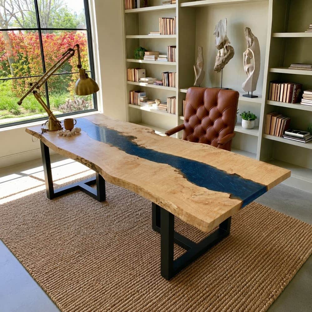 Light-toned poplar wood workspace featuring an elegant navy swirl resin river