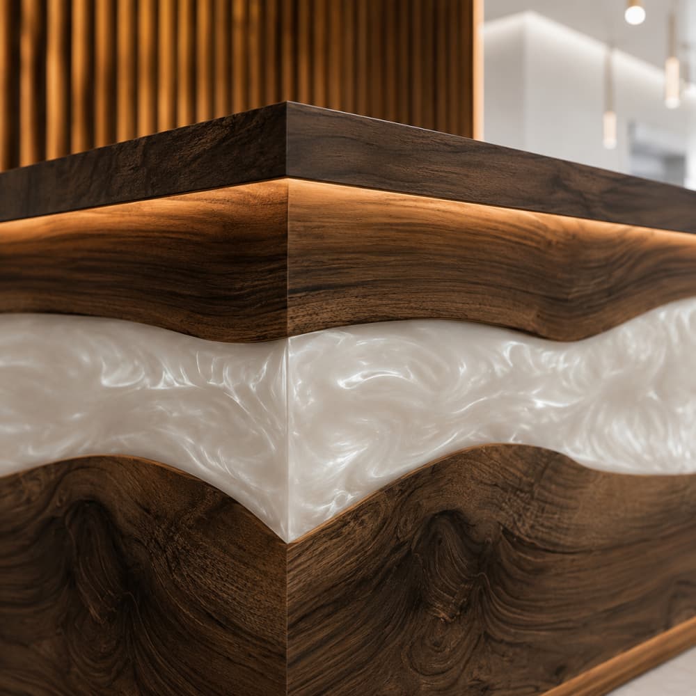 Top view of the long, smooth linear black walnut transaction edge running across the entire width of the reception desk