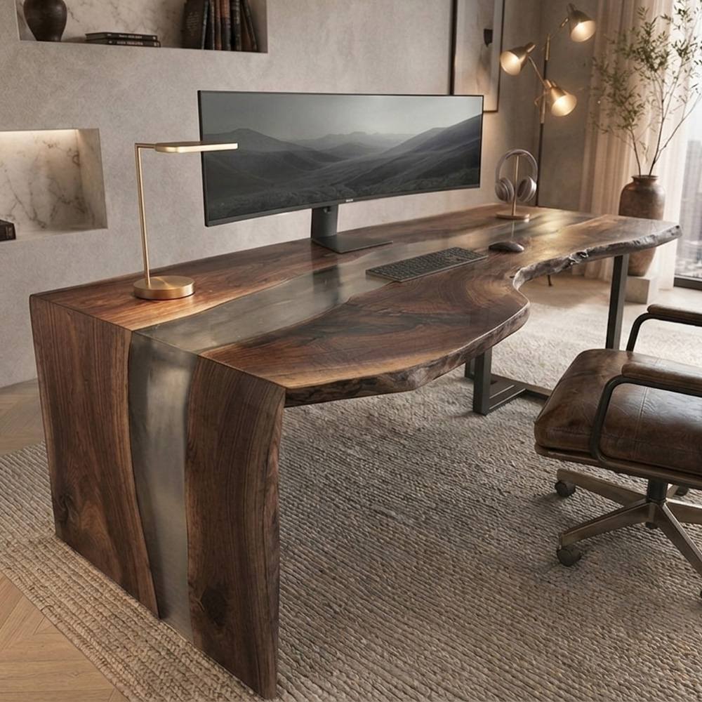Live edge black walnut epoxy office desk with organic slab contours and translucent gray resin detail