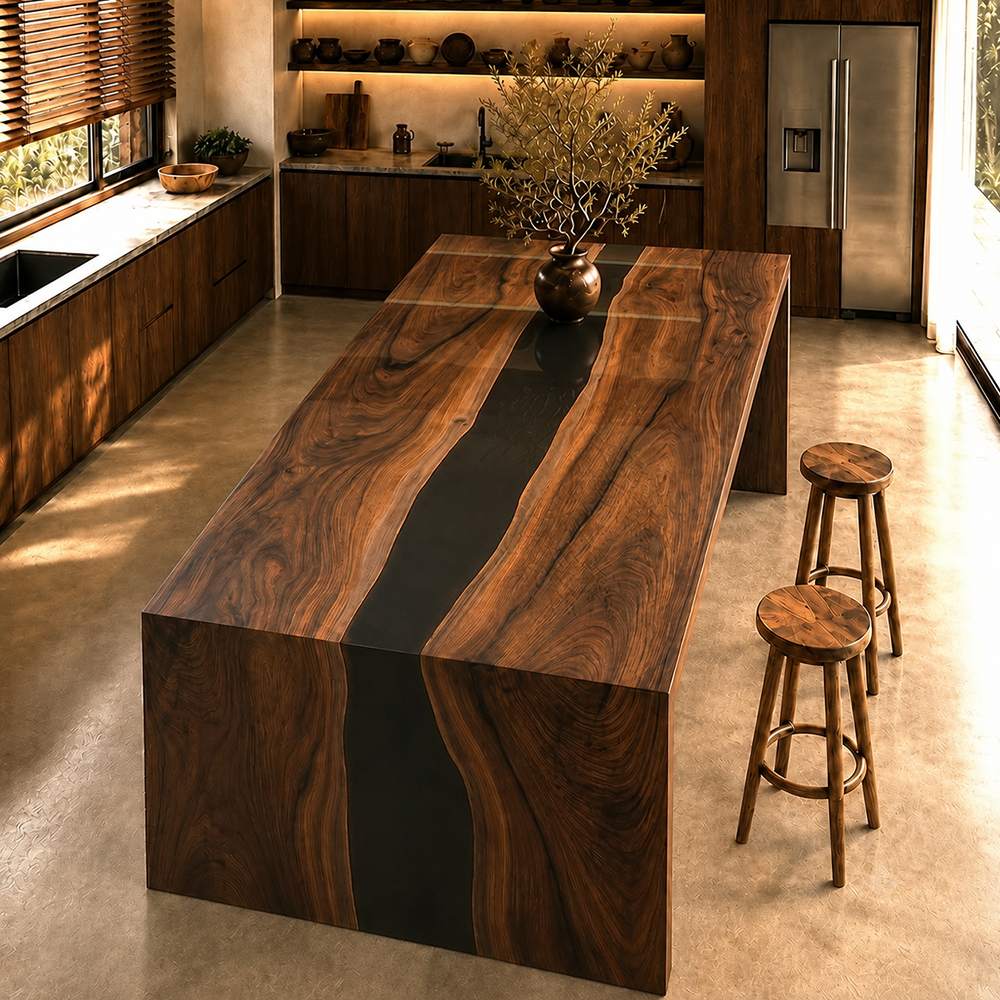 Custom live edge black walnut kitchen island with black epoxy resin river