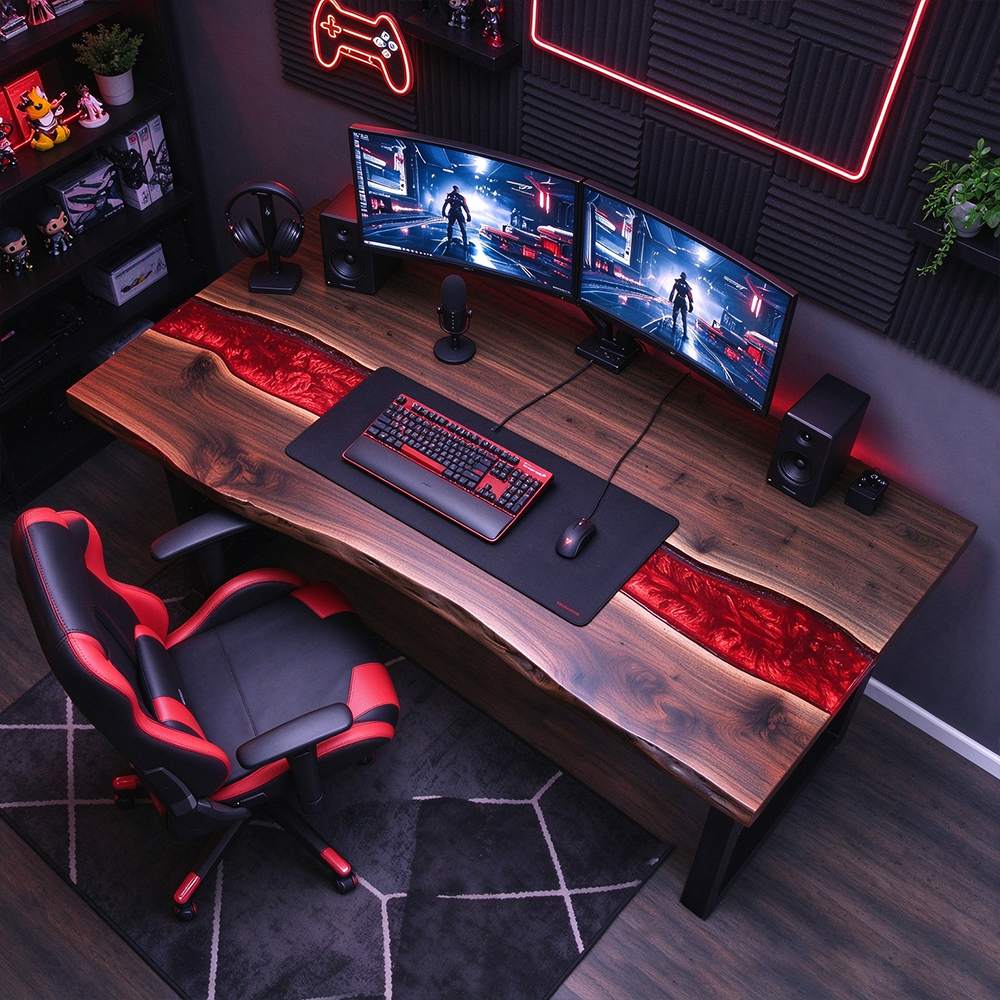 Black walnut live edge gaming desk with red epoxy river, dual monitor gaming setup with red LED lighting