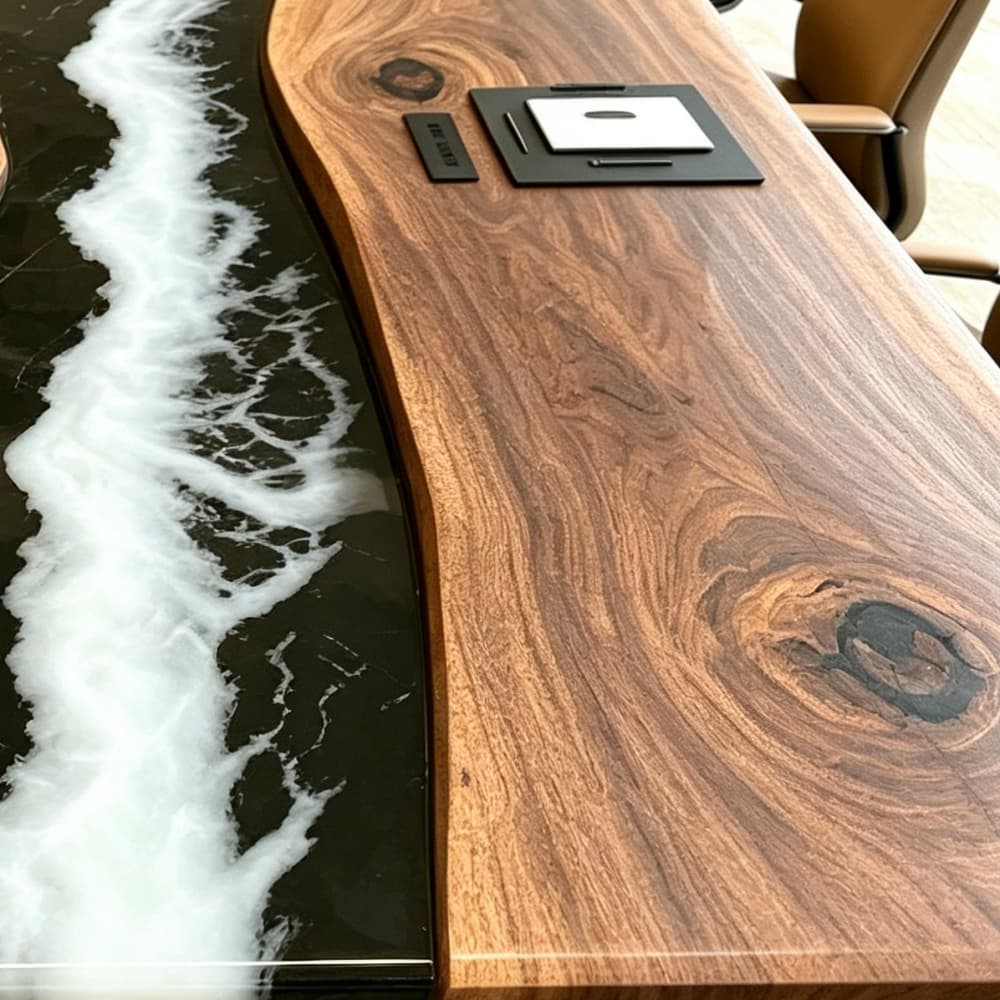 Handcrafted premium executive desk and conference room centerpiece made of natural live edge walnut wood and ocean wave resin