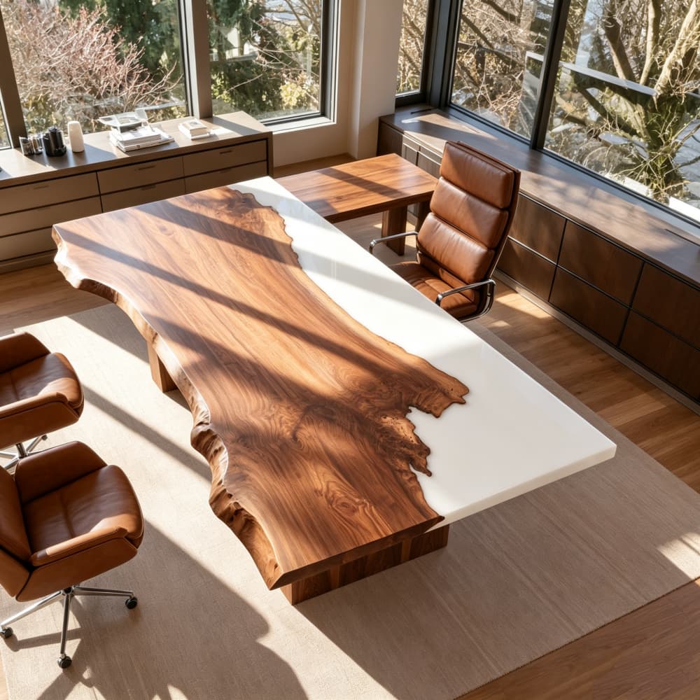 Live edge Black Walnut resin office desk featuring organic wood contours and contrasting black epoxy for an executive workspace.