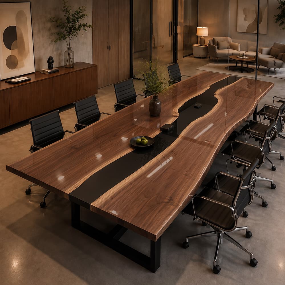 Live edge black walnut conference table with black epoxy river in a modern boardroom