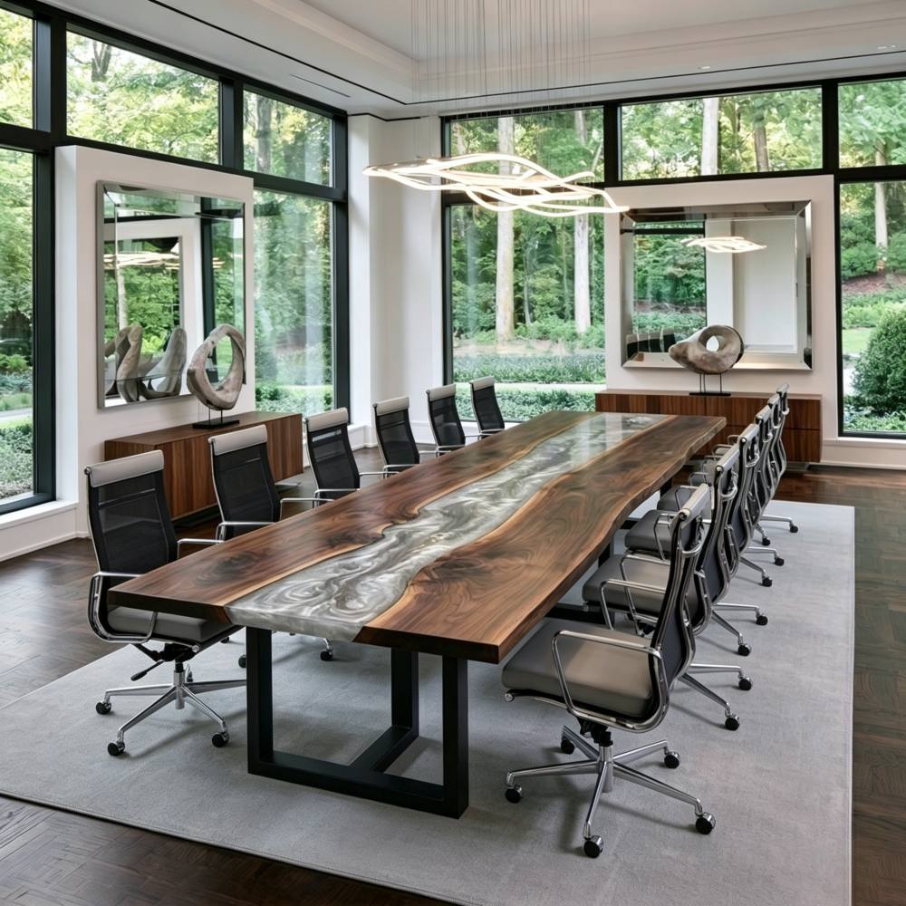 Live edge black walnut conference table with silver swirl resin, designed for a modern executive boardroom with natural window views