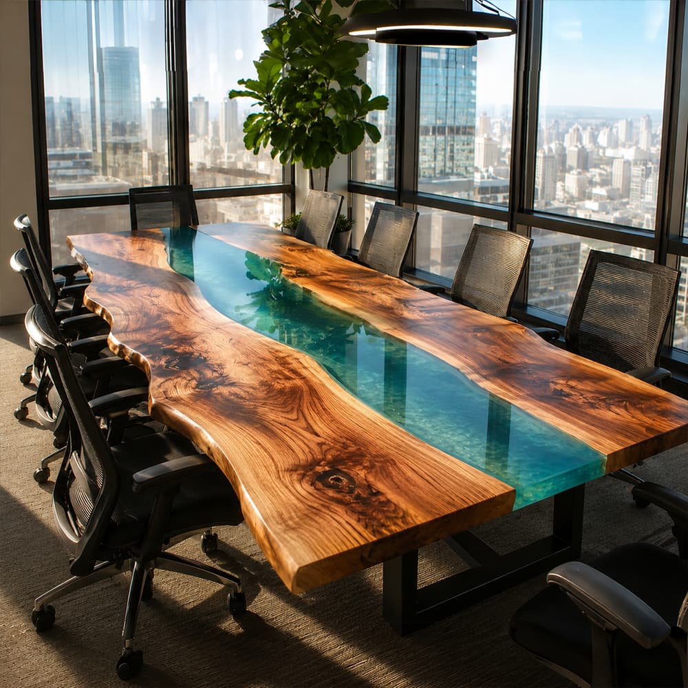Live edge blue resin meeting table made from walnut wood for executive office spaces