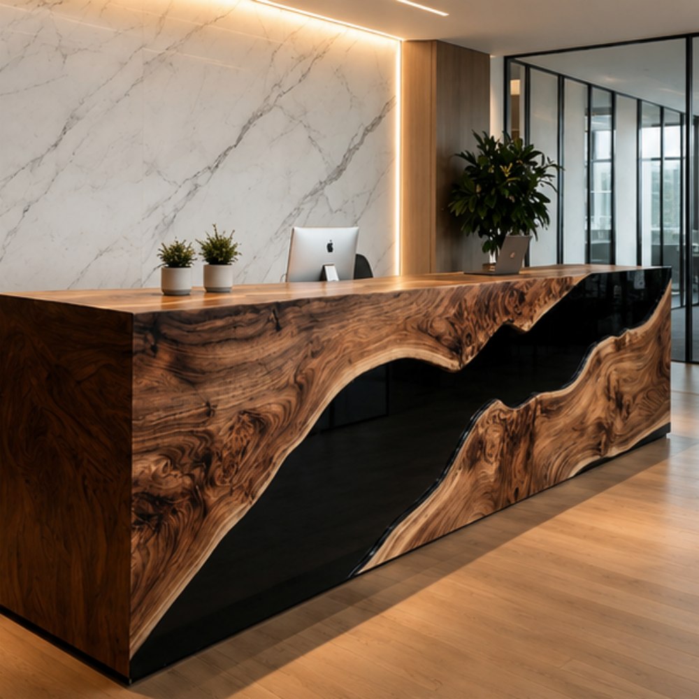  Full front shot of custom live edge burl walnut reception counter with mirror glossy black epoxy river cutout, modern corporate lobby with white marble accent wall and recessed linear lighting