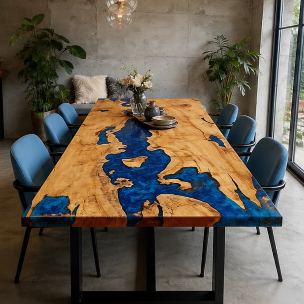 A high-end live edge burl wood dining table with a vibrant, flowing blue epoxy resin river, featuring industrial black metal legs in a modern dining room