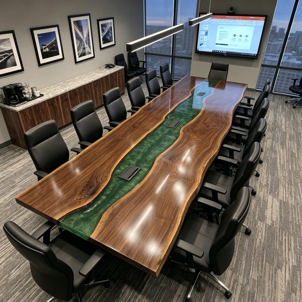 Executive conference room epoxy resin table featuring black walnut wood, emerald resin inlay, and a long rectangular layout