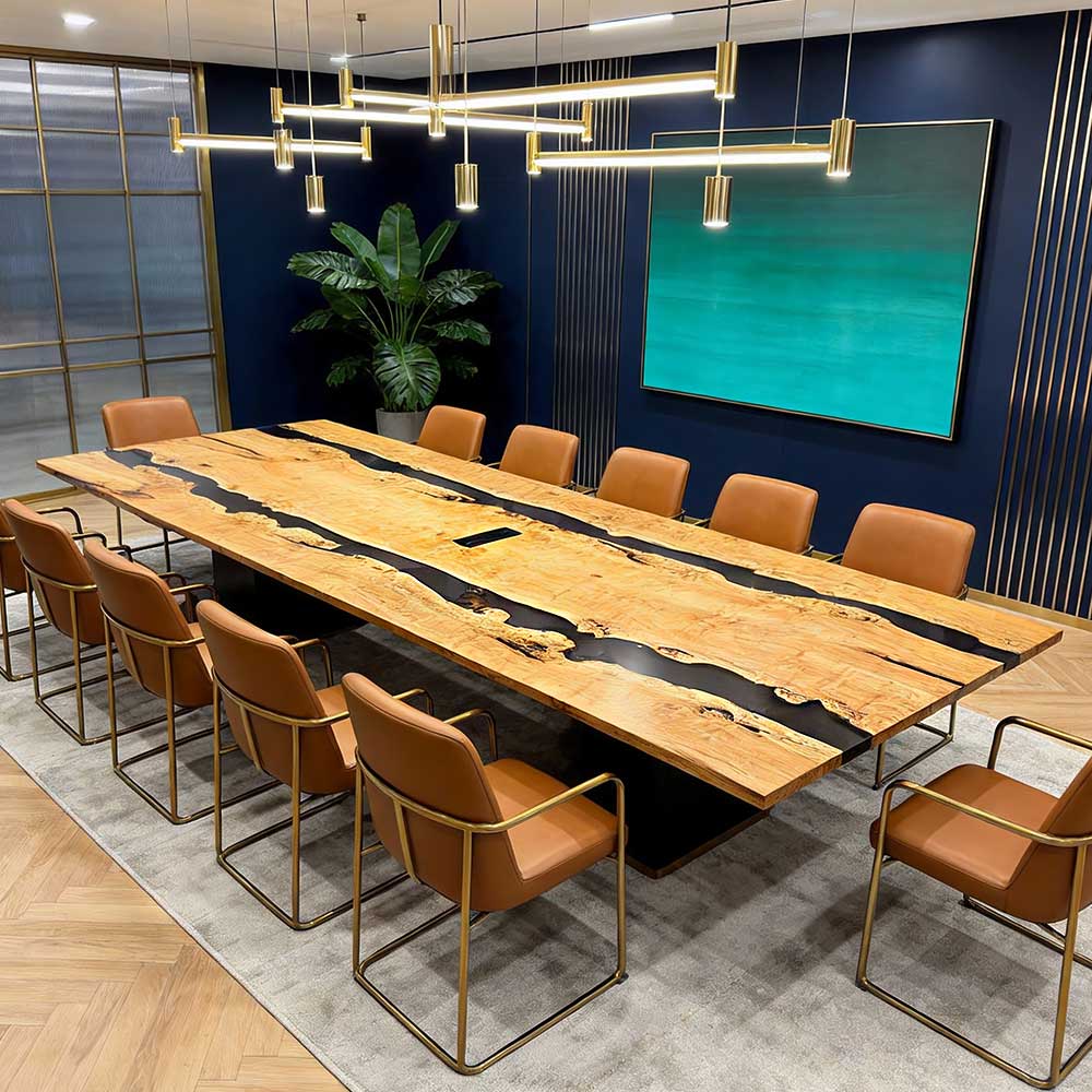 Live edge maple epoxy river conference table handcrafted for executive meeting rooms