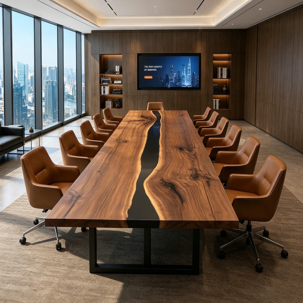 Heavy-duty industrial matte black geometric steel leg base supporting a massive custom solid wood resin table