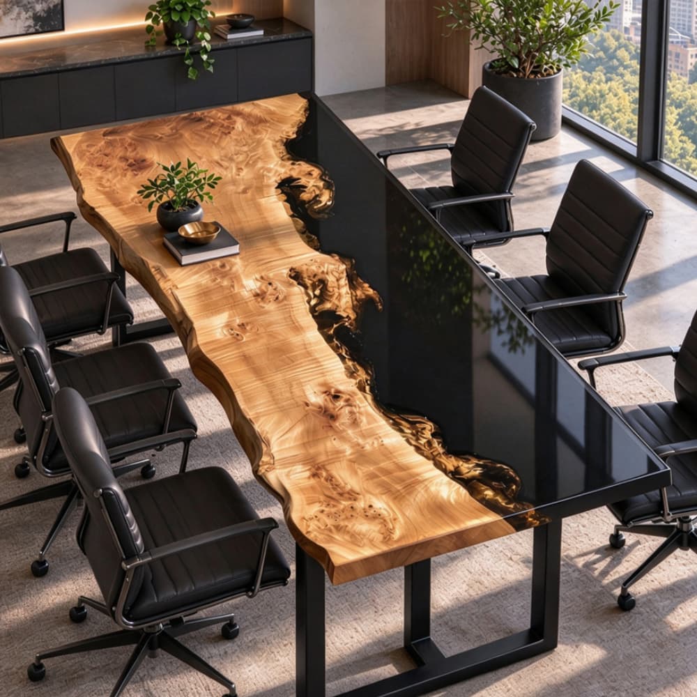 Live edge Poplar conference table with black epoxy resin river and natural wood grain