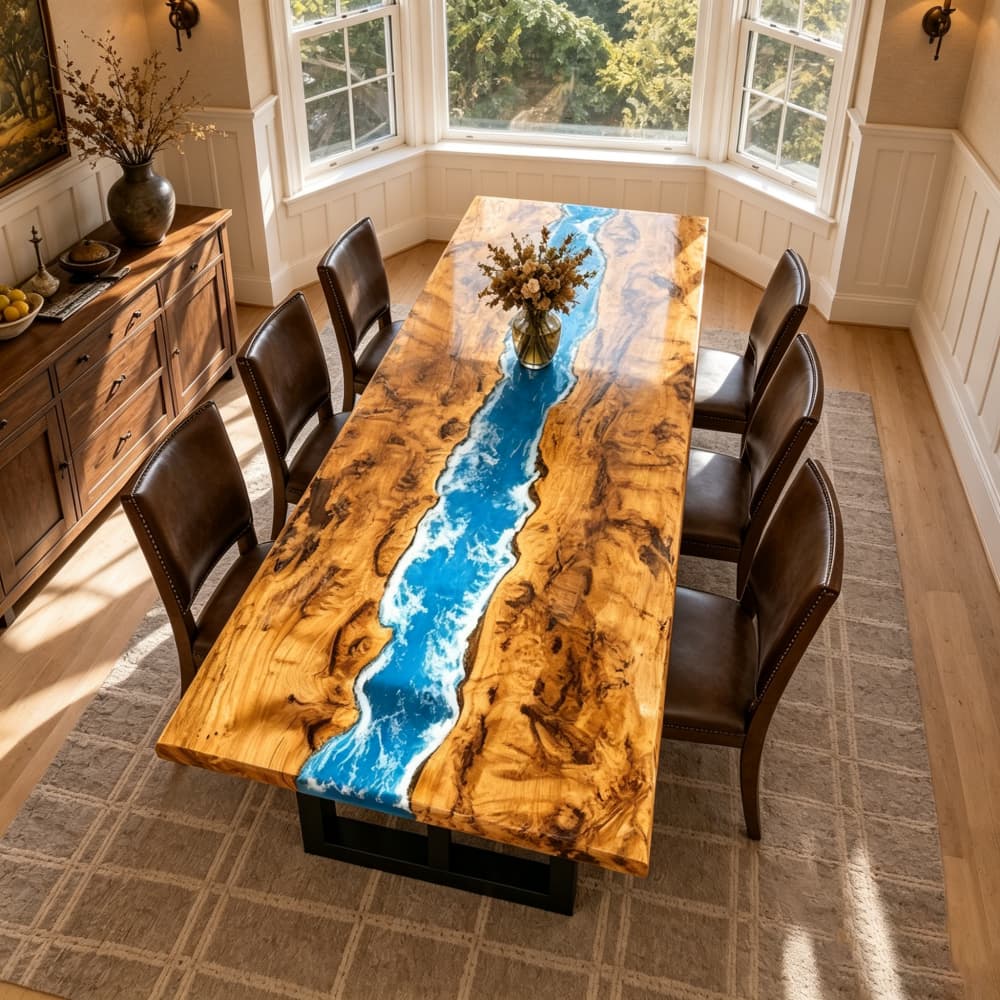 Live edge poplar resin river table with clear blue ocean epoxy for modern family dining spaces