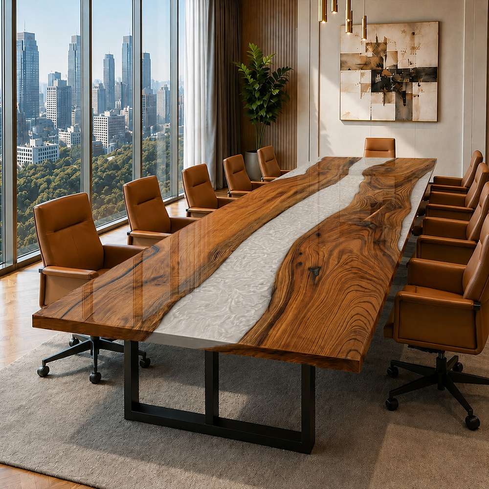 Detailed close-up of the natural light sapwood edges of black walnut contrasting beautifully against a marble-look white metallic epoxy river