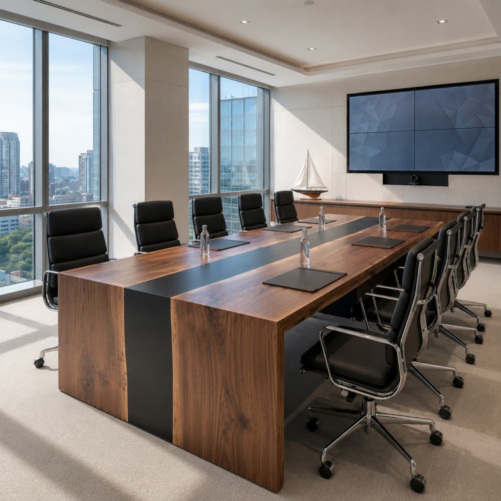An 12-foot long custom black walnut meeting table featured in a high-rise office conference room with a skyline view through large windows