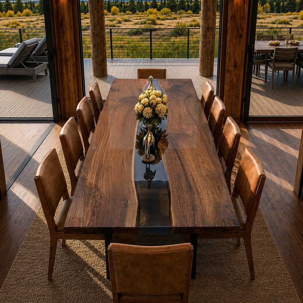 natural black walnut grain meeting a transparent black epoxy river on a handcrafted live edge dining table