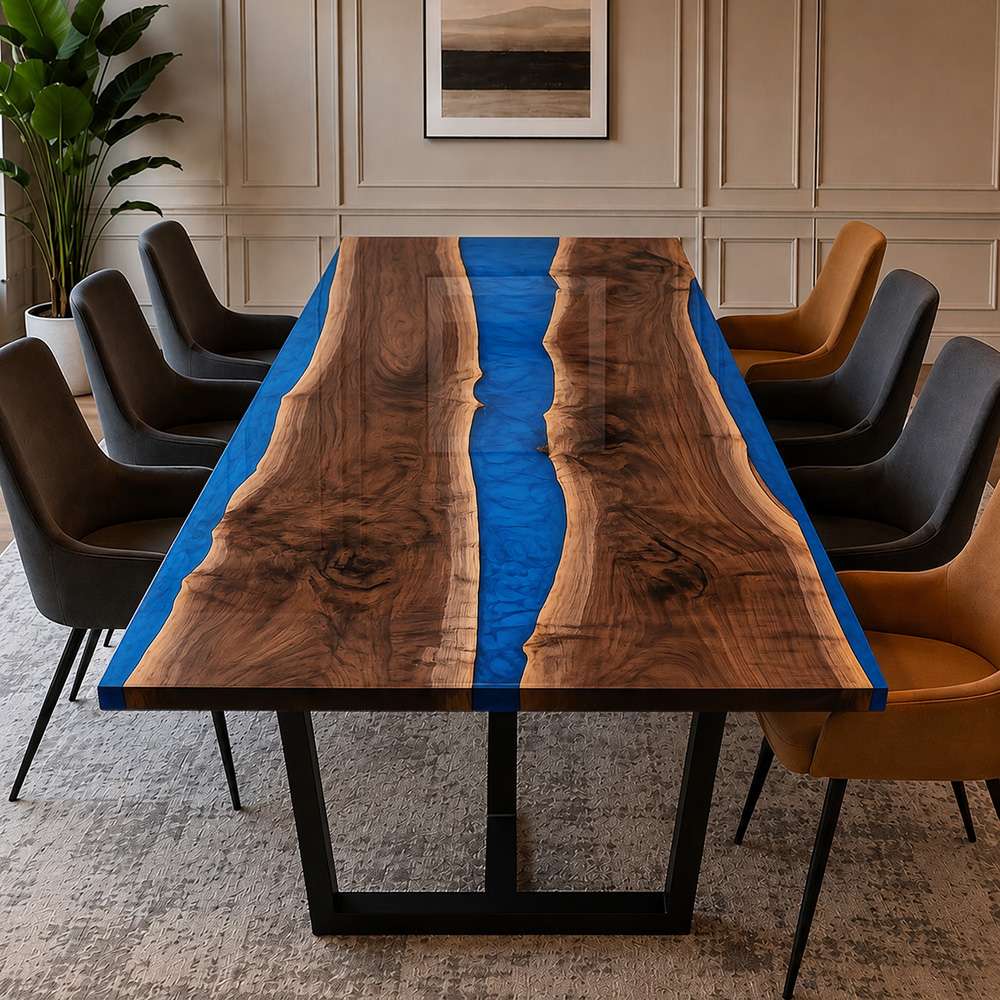 Live edge walnut dining table featuring a translucent blue epoxy resin river centerpiece