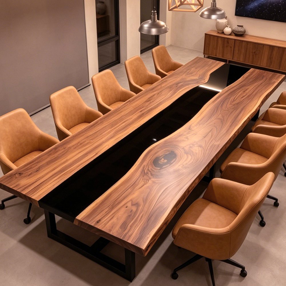 Custom live edge black walnut conference table featuring a dramatic black resin river design