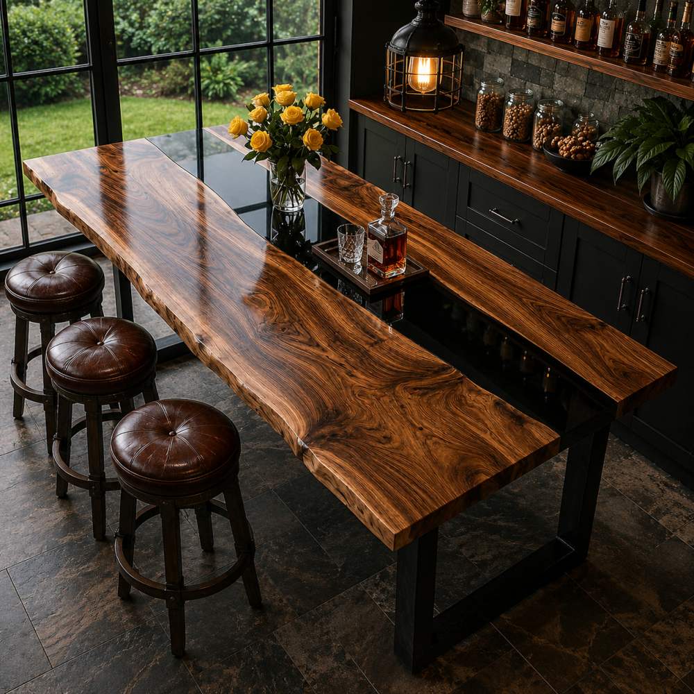 Overhead full shot of long live edge walnut bar counter with transparent amber brown epoxy river, matched with vintage leather round bar stools beside dark cabinet home wine bar with garden view grid window