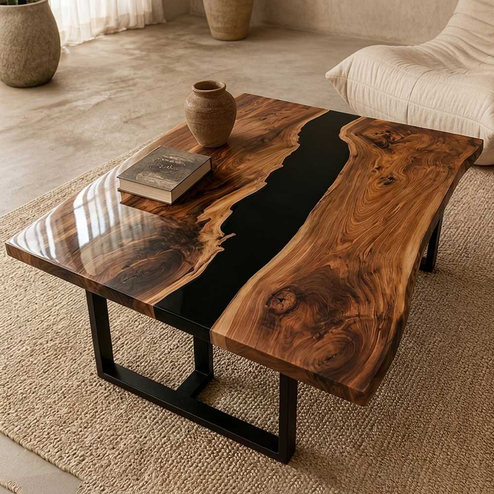 Live edge black walnut coffee table featuring a black epoxy river centerpiece