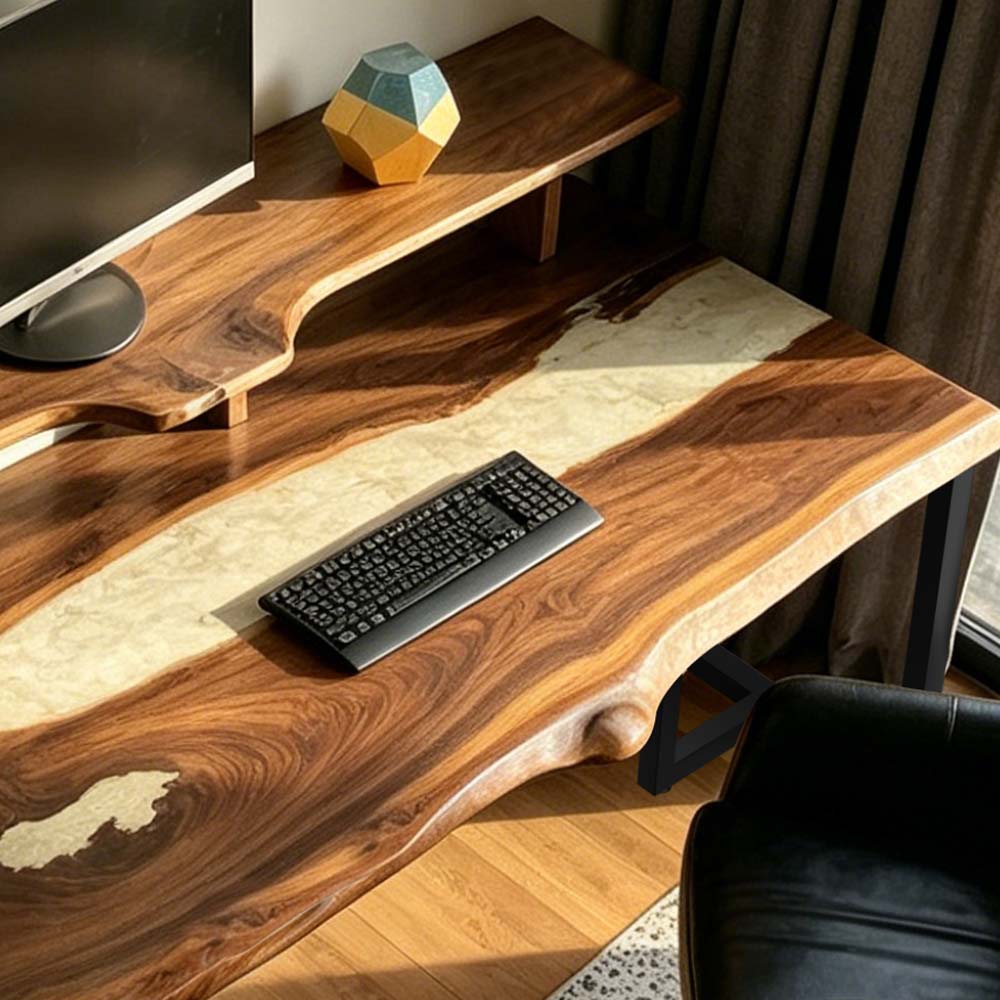 Live edge black walnut computer desk with ivory epoxy river for modern offices