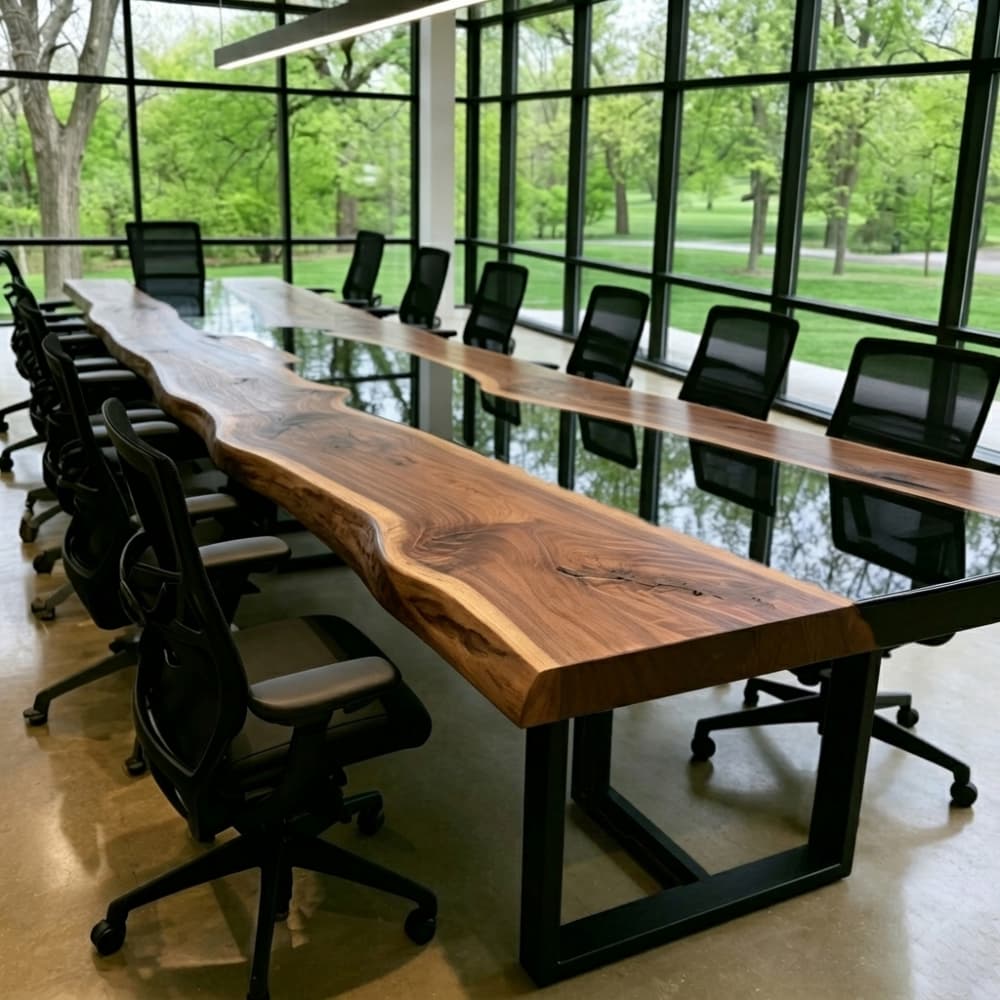 Live edge walnut conference table in a modern office meeting room with black chairs and floor-to-ceiling windows