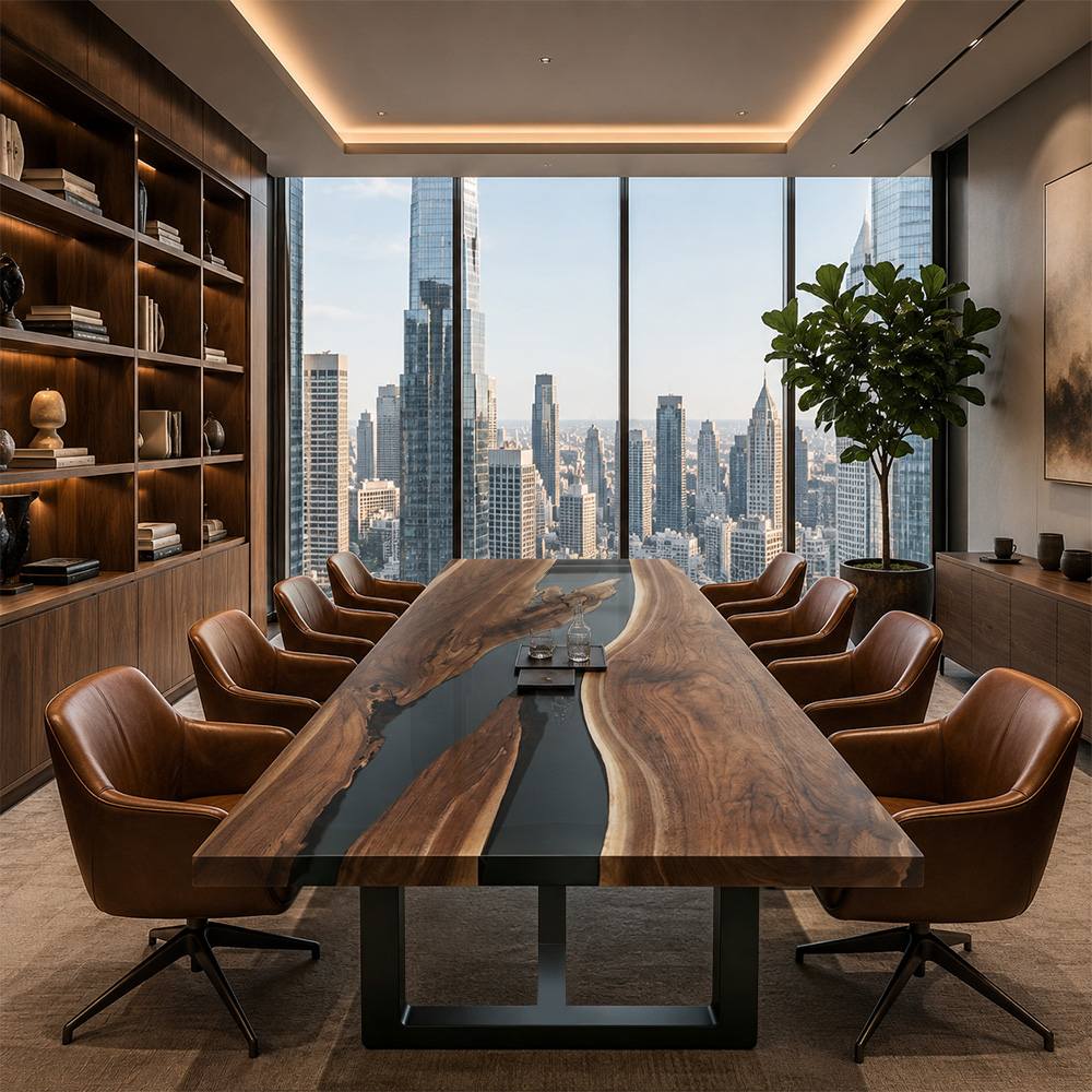 View of the live edge walnut detail on a custom black resin executive desk