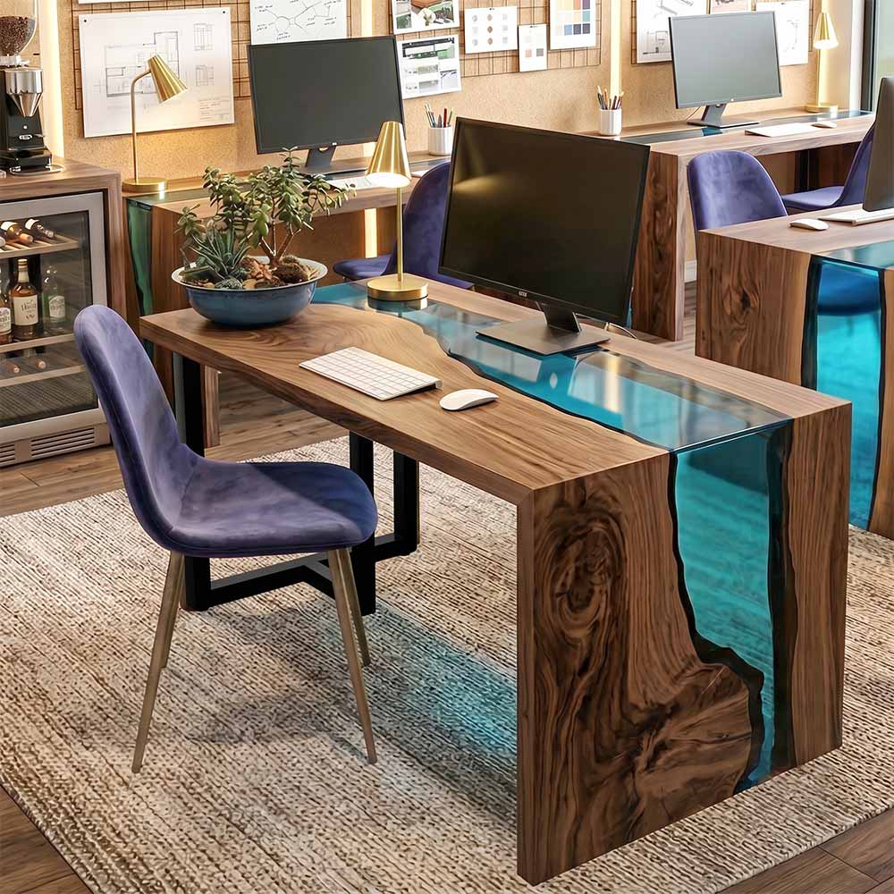 Live edge walnut executive desk featuring turquoise epoxy river and waterfall panel design