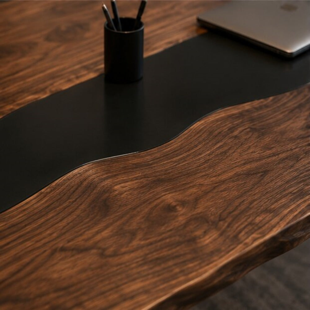 Live edge black walnut executive workstation with modern resin river design