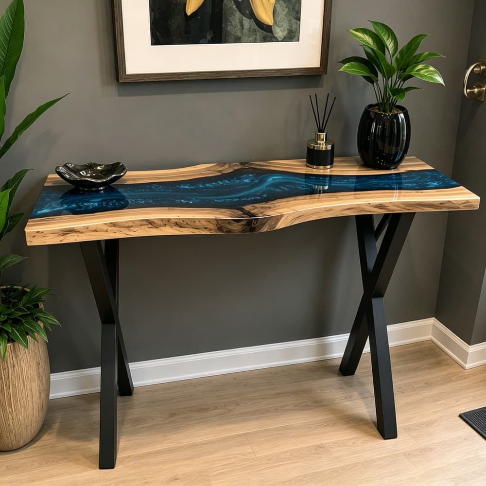 Custom walnut epoxy console table featuring blue swirl resin for high-end entryway decor