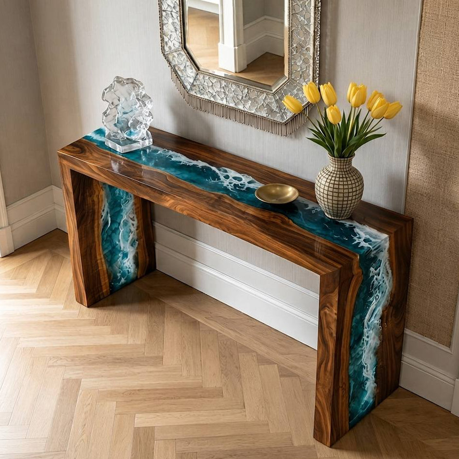 Custom walnut epoxy console table featuring blue swirl resin for high-end entryway decor