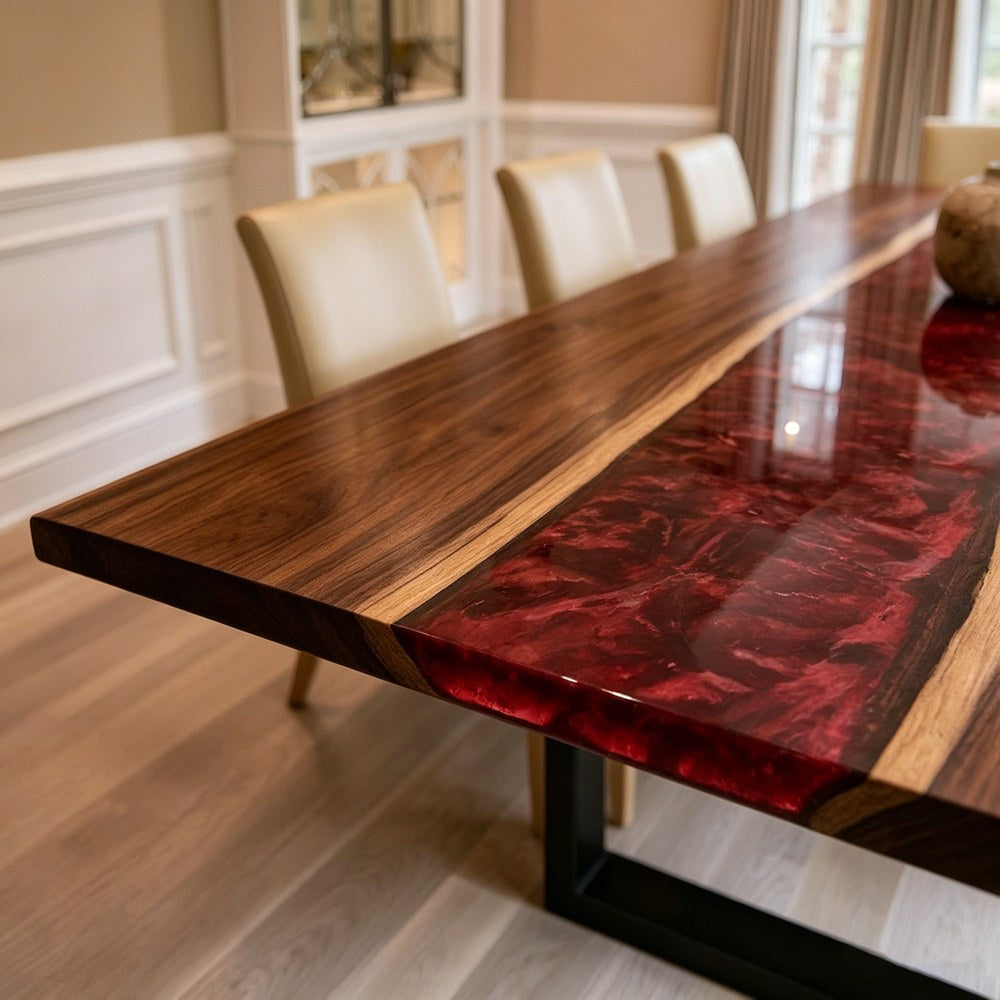 Contemporary dining furniture crafted with natural live edge walnut and artistic translucent red resin