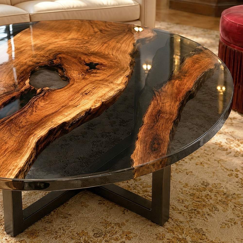 Live edge walnut resin table highlighting organic wood contours and distinctive grain for a modern reception area