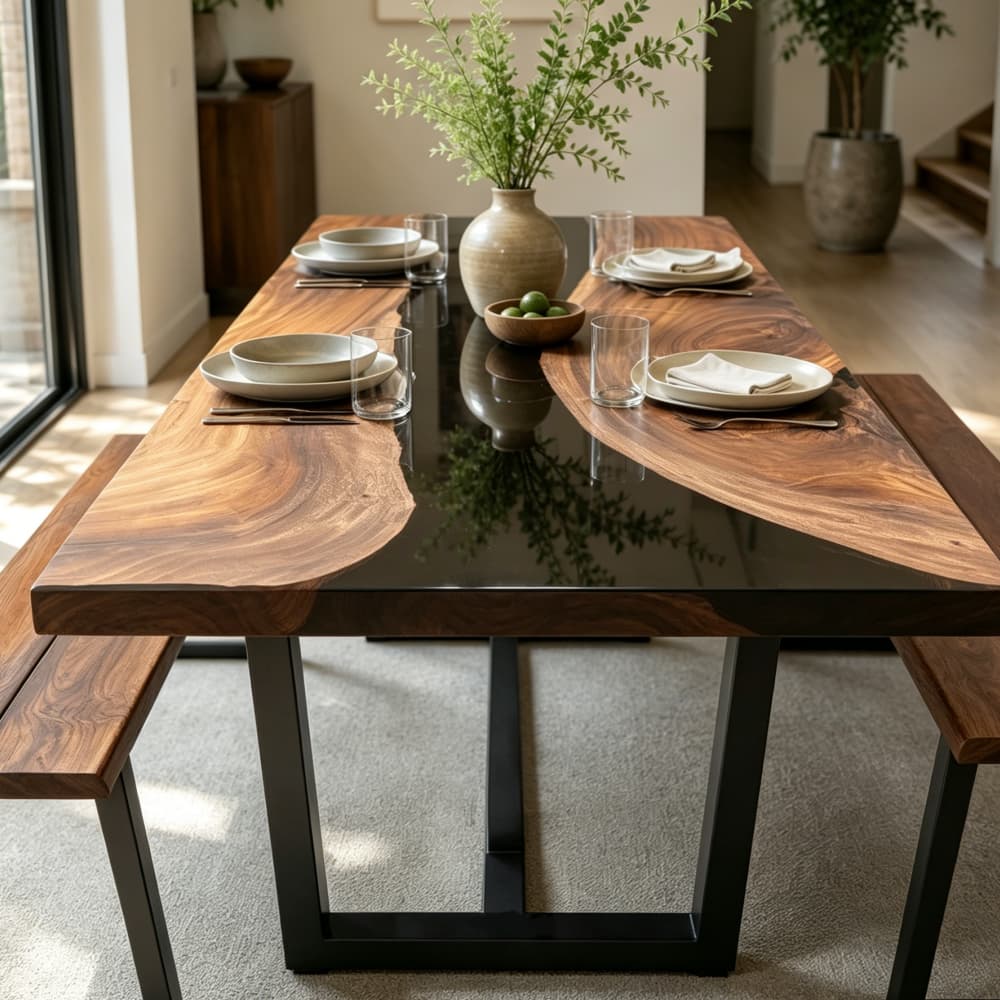Detailed view of the rich chocolate tones and beautiful light sapwood edges of North American black walnut dining table