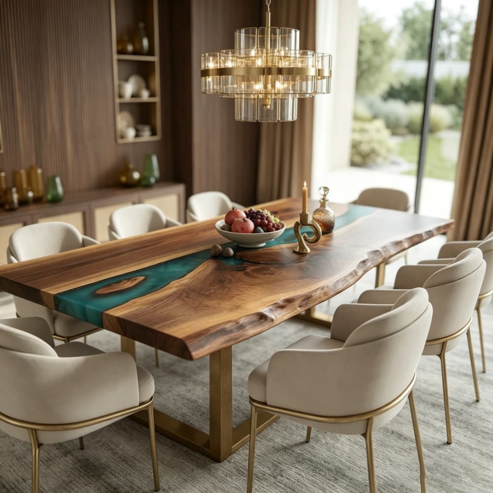 Natural live‑edge walnut slab and glossy hand‑poured teal‑blue epoxy river on custom‑built dining‑table top