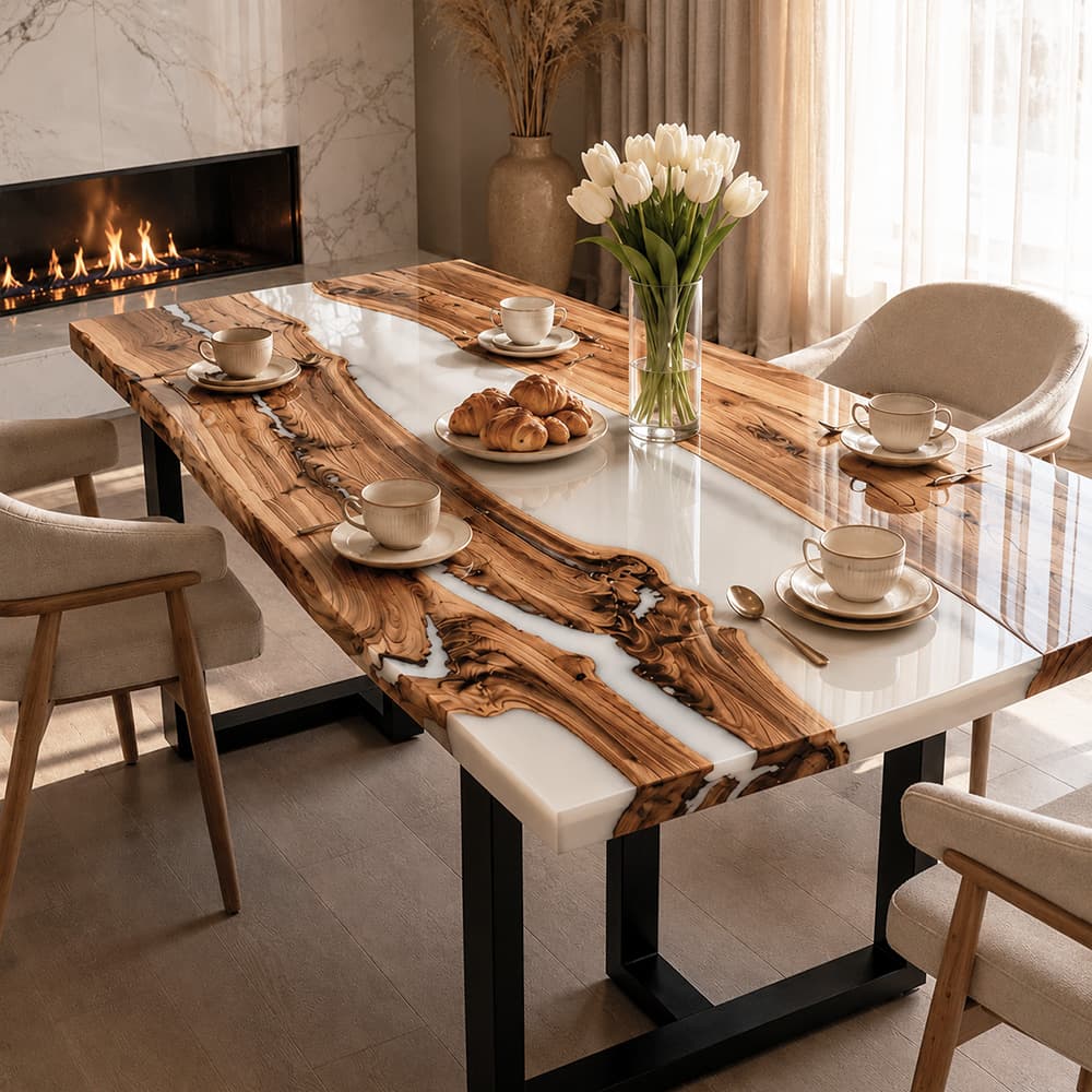 Close-up texture of organic walnut wood grain meets smooth premium porcelain white liquid glass.