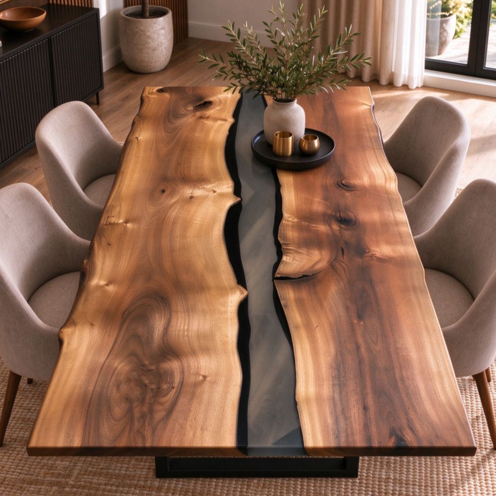 Overhead view of a live edge walnut river dining tabletop featuring a flowing smoky gray epoxy channel between two richly grained solid wood slabs.