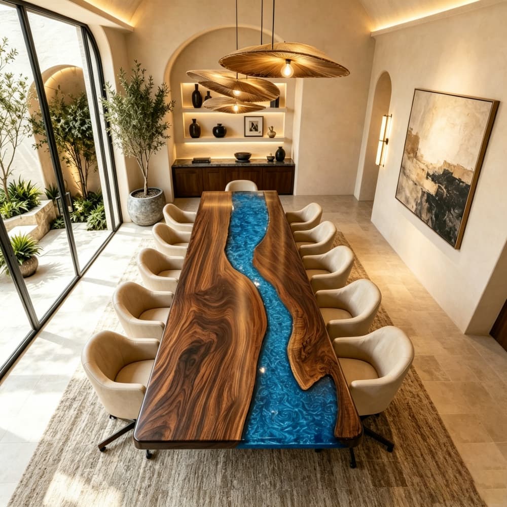 Luxury live edge walnut dining table with artistic blue swirl epoxy resin surface