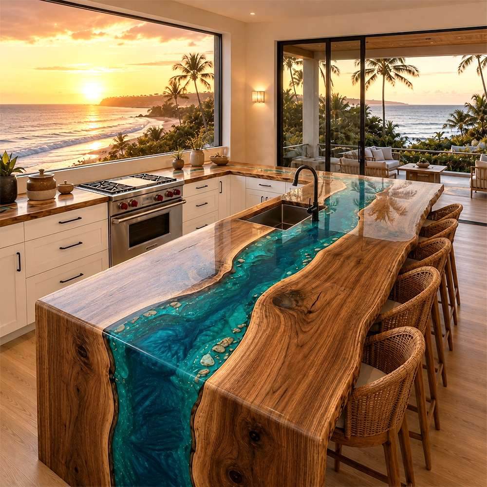 A continuous 90-degree waterfall mitered edge on a custom hardwood counter flowing vertically down to the kitchen floor