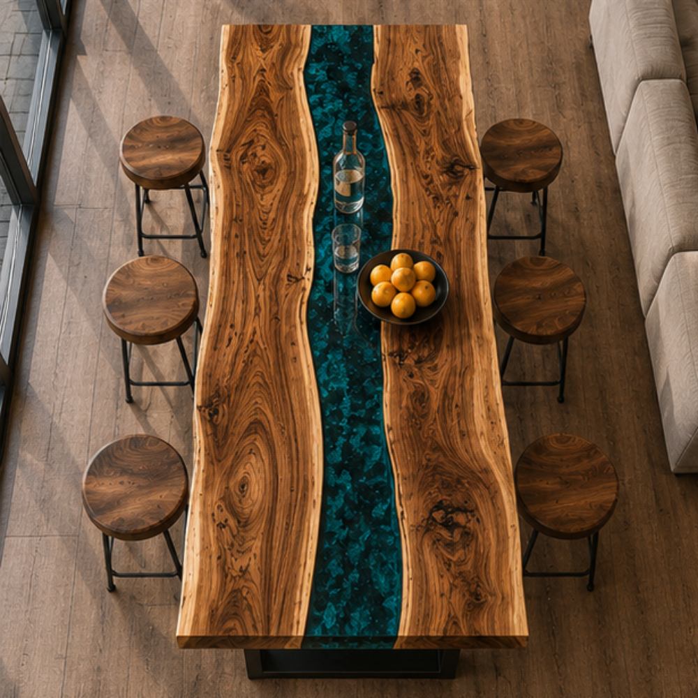 Straight top-down overhead shot of rectangular live edge walnut bar table filled with translucent turquoise crushed stone epoxy river, paired with matching walnut round stools in bright minimalist wood-floored living room next to beige linen sofa