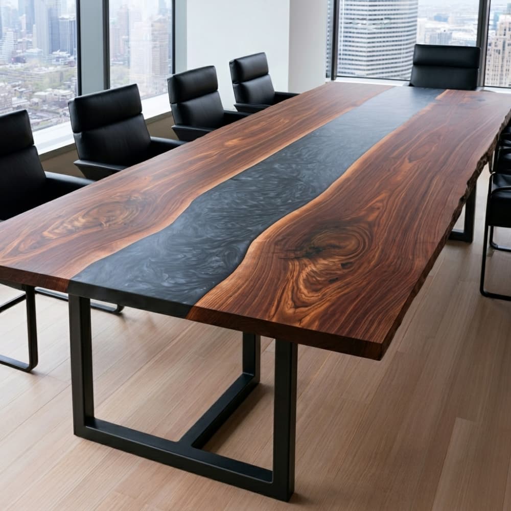 Executive boardroom table made with black walnut wood, graphite resin detail, and black metal base