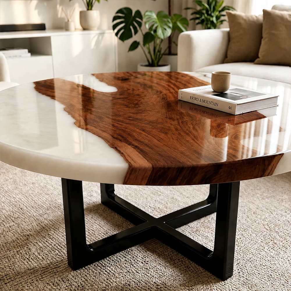 Side structural detail of sturdy matte black cross-shaped metal support base under two-tone walnut and milky white epoxy round center table