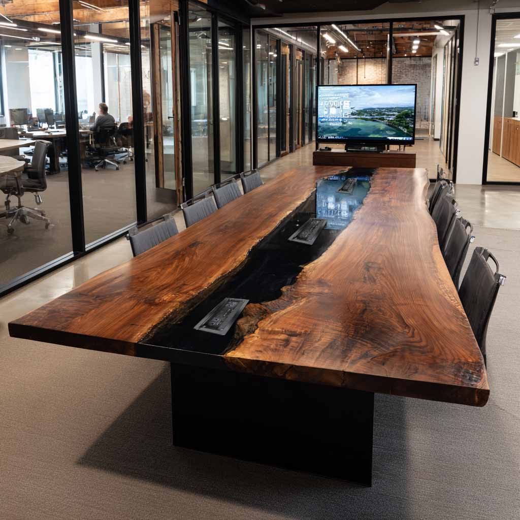 Modern walnut conference table with black epoxy resin river design and integrated power outlets in a luxury office setting.